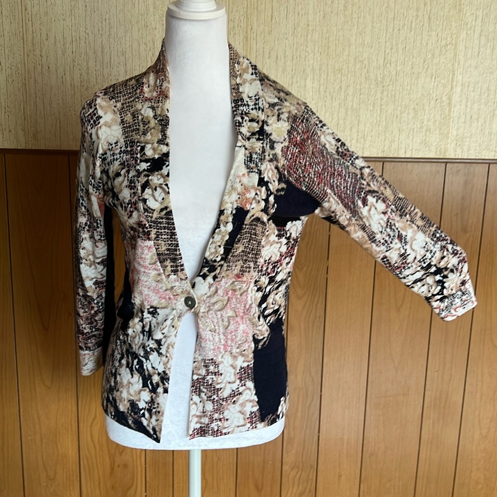 NIC+ZOE Abstract Floral Linen Viscose Knit Cardigan Jacket Size Medium